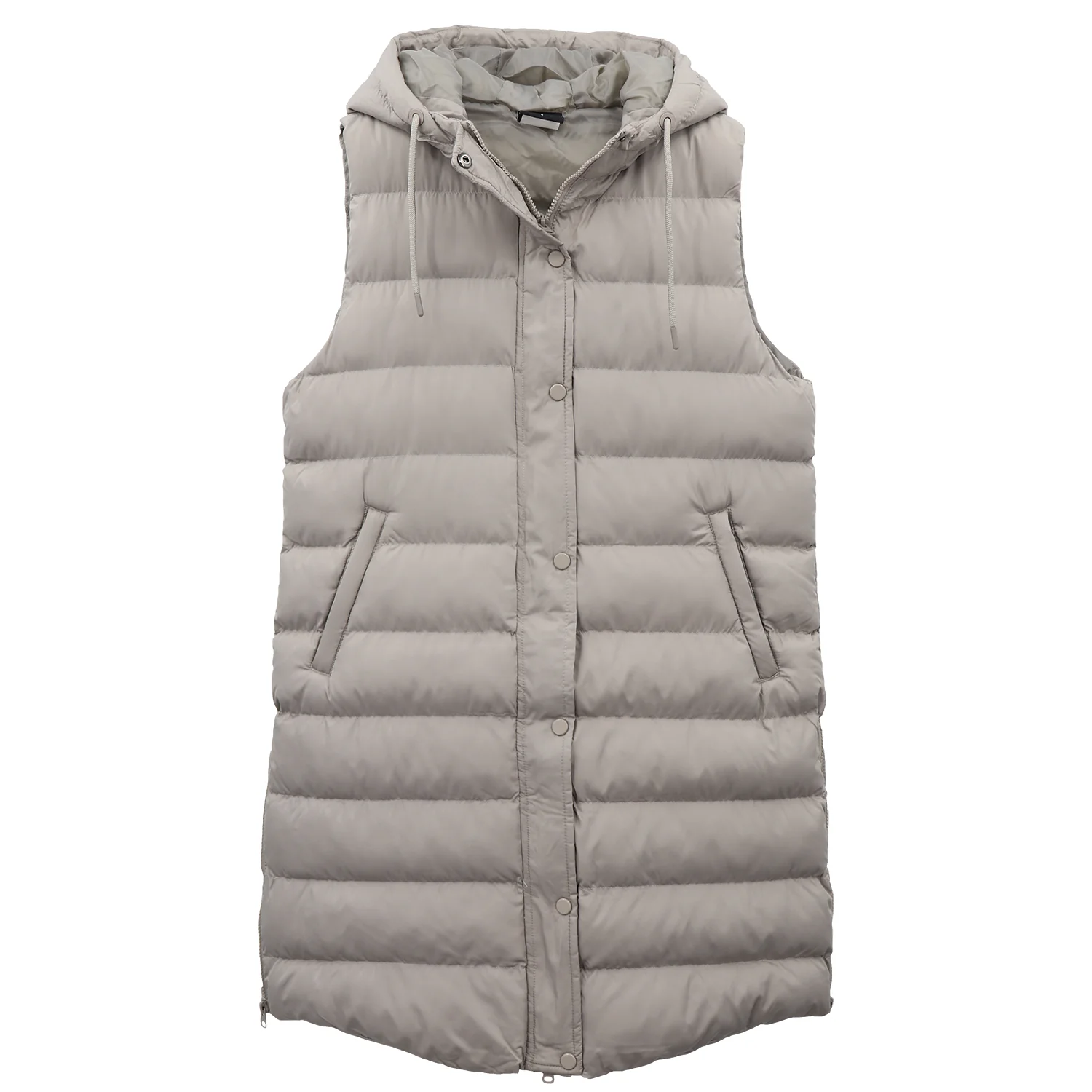 Women's Longline Padded Vest Hooded Jacket Puffer Puffy Quilted Zip Coat Gilet - Grey